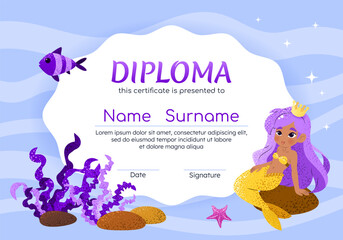 Diploma certificate horizontal template with cute little mermaid, fish, starfish, seaweed. Vector background for school, preschool, kindergarten. Funny underwater animals in cartoon style.