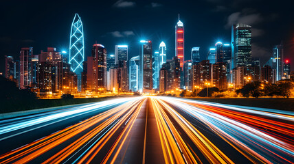 Fototapeta premium Abstract blurred colorful lighhts background in night city, bokeh shiny blurred glowing street cityscape