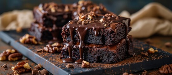 Stack of chocolate brownie cakes with melted chocolate and walnuts.