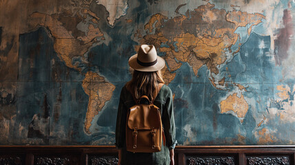 Obraz premium A professional traveler dressed in an elegant casual outfit with a backpack and suitcases examines a flat world map on the wall in the form of an installation