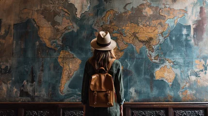 Photo sur Plexiglas Carte du monde A professional traveler dressed in an elegant casual outfit with a backpack and suitcases examines a flat world map on the wall in the form of an installation