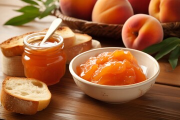 Peach marmalade and peaches with fresh bread for breakfast on wooden table.