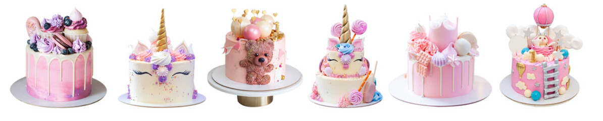 Various tender pink cakes isolated on white background. Cakes with teddy bear, bunny, edible flowers, unicorn, marshmallow, meringue