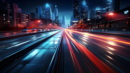 Obraz premium Abstract blurred colorful lighhts background in night city, bokeh shiny blurred glowing street cityscape