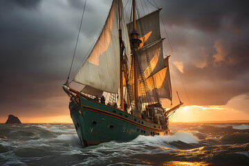 Fototapeta premium Sailing ship among the icebergs