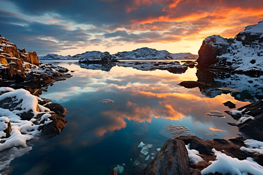 frozen sea coast and snow covered mountains in winter at night in Islands. Arctic landscape, water ice, snowy rocks.
