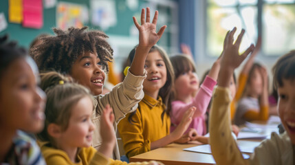 Fototapeta premium Pupils raise their hands in class