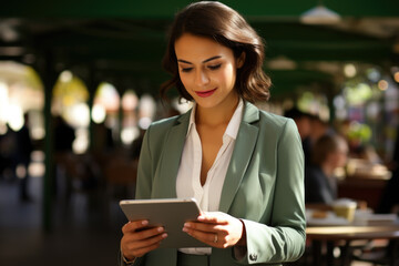 Woman wearing green jacket looking attentively at tablet. Suitable for technology, communication, and business-related themes.