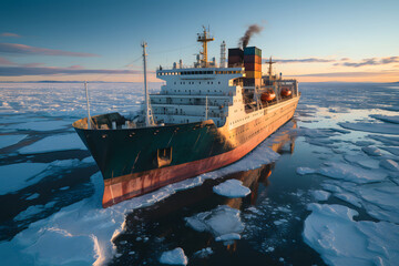 Cargo ship driving through frozen sea with colorful containers. - obrazy, fototapety, plakaty