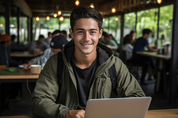 Obraz premium Man sitting at table, working on his laptop. Suitable for business, technology, and remote work concepts.