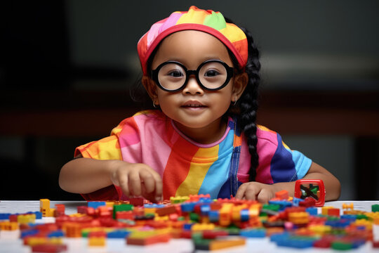 Little girl wearing glasses enjoys playing with Legos. This versatile image can be used to represent creativity, childhood, education, and STEM activities.