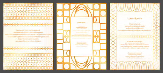 white pearlescent gradient Elegant gold ornament line background, flyer, template, brochure  decor for gala card, grand opening, classic antique art deco invitation card, with sample text - obrazy, fototapety, plakaty