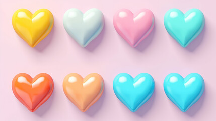 Group of different colored hearts on pink surface. Perfect for expressing love and affection.