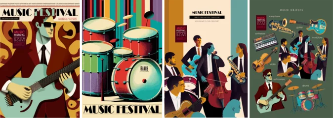 Zelfklevend Fotobehang Music, Musical group at the festival or concert Vector illustration of people, musicians playing musical instruments: guitar, drums, cello, saxophone, electric guitar for retro poster or invitation  © Ardea-studio