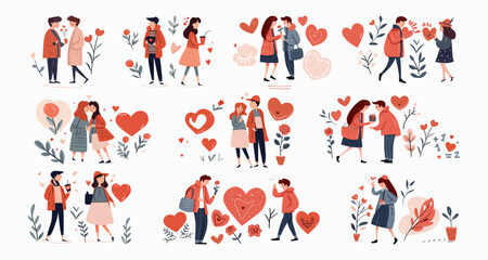 Set of people in love. Cartoon art and cute sticker about  love and feelings. Use card for Valentines day or romantic date and invitation or declaration of love. Heart and romantic vibe.