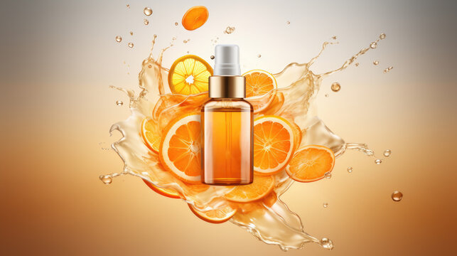Bottle of perfume surrounded by fresh orange slices and splash of water. Perfect for beauty and fragrance advertisements.