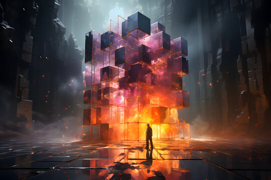 Abstract neon background. Glowing linear volumetric cube, under night sky. Digital futuristic wallpaper