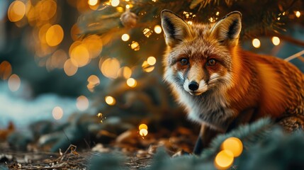 Fototapeta premium A close up of a red fox near a christmas tree.