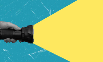 Modern art collage depicting a hand holding a flashlight.