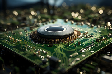 Electronic camera lens, concept of sensor implanted into circuit board. - obrazy, fototapety, plakaty