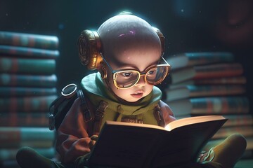 Adorable android child reading a book represents future technological progress in cartoon art style with anthropomorphism and generated AI. Generative AI