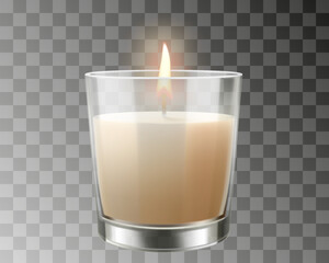 White burning Wax Candle in Glass candlestick Isolated on transparent Background. realistic 3d vector illustration