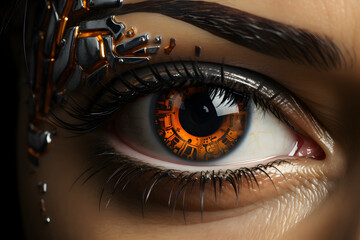 Sensor camera implanted into human cyborg eye. Concept futuristic sci-fi circuit board. - obrazy, fototapety, plakaty