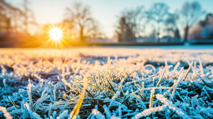 Frosty field with grass and trees in background. Suitable for winter landscapes and nature themes.