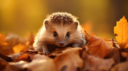 Fototapeta premium Small hedge sitting on top of pile of leaves. Perfect for autumn-themed designs and nature-related projects.