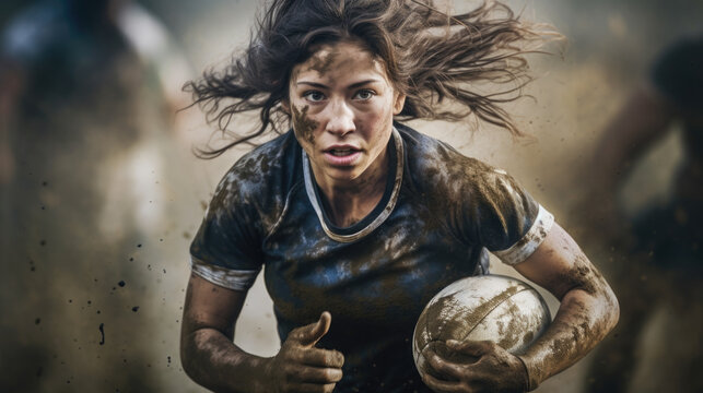 Woman running with rugby ball in her hand. Perfect for sports-themed designs and illustrations.