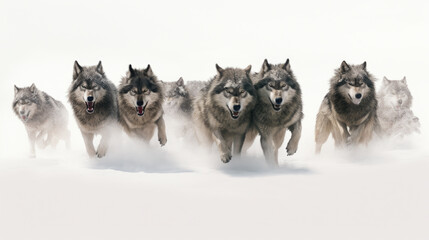 Group of wolves running together in snow. Perfect for nature and wildlife-themed projects.