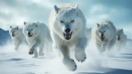 Deurstickers Group of white wolves running across snow covered field. Suitable for wildlife and nature themes. © vefimov