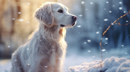 White dog sitting in snow, suitable for winter-themed designs.