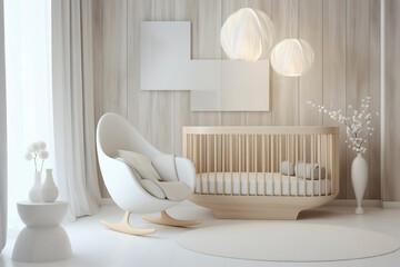 Interior of a bright modern children's or baby room, crib, armchair and decor, minimalism concept