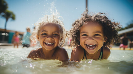 little laughing children playing in a water park, a child splashing in a summer outdoor pool, portrait, toddler, kid, person, entertainment, vacation, emotional face, smile, joy, happiness - obrazy, fototapety, plakaty