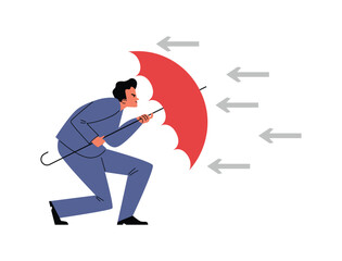 Cunning businessman hiding from arrows behind open red umbrella