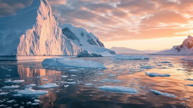Icebergs are illuminated by the soft, warm light of the setting sun © ColdFire