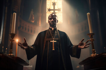 african american priest praying in church, giving mass - obrazy, fototapety, plakaty