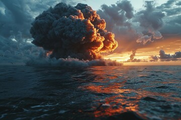 volcanic eruption at sunset, a powerful ash cloud rising above the churning ocean. Concept: illustrations of natural disasters, geology and scenarios of apocalyptic events - obrazy, fototapety, plakaty