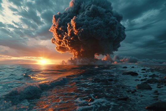 A powerful volcanic eruption into the sea with the orange-red hues of the setting sun against the background of clouds. An epic and exciting spectacle. Concept: power of nature, adventure and catastro