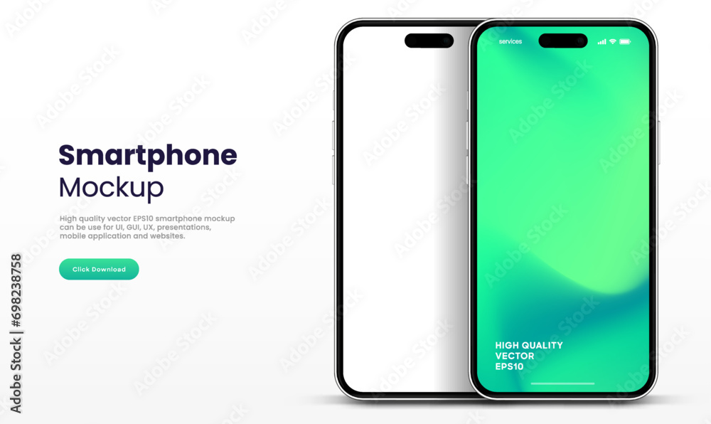 Poster 3D realistic high quality smartphone mockup with isolated background. Smart phone mockup collection. Device front view. 3D mobile phone with shadow on white background.
