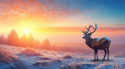 Deer standing on top of snow-covered hillside. Suitable for winter landscapes and wildlife photography.