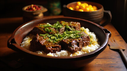 Bowl filled with rice and meat next to bowl of fresh fruit. Perfect for illustrating balanced and nutritious meal.