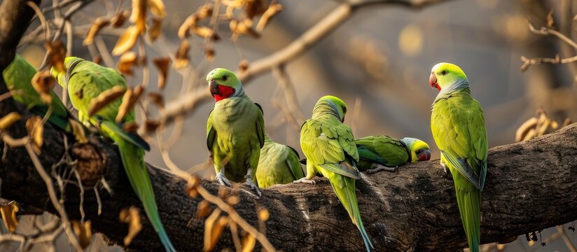 Rose-ringed parakeets, Kramer parrots - Psittacula krameri, perched on a tree in Sariska Tiger Reserve, Alwar District, Rajasthan, India.