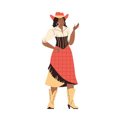Beautiful cowgirl raised her hand vector portrait, woman dressed in retro wild west style, American western girl fashion