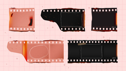 A set of distorted old grunge filmstrips with burned texture. Blank 35mm negative films with grainy, developing smear marks, scratch for collage. Vector illustration.