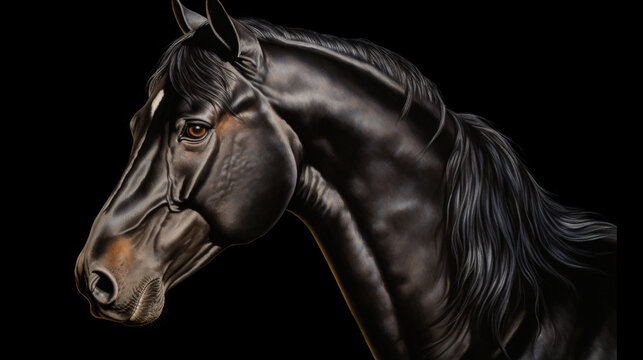 Painting of black horse against black background. Suitable for various artistic projects and interior decorations.