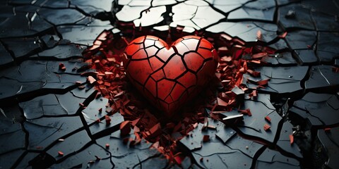 Broken heart on a dark surface, like a sad puzzle missing pieces. Red pieces tell a story of hurt. But remember - obrazy, fototapety, plakaty