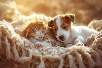 Cute cat and dog sleeps together.