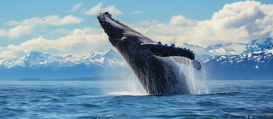 Alaskan humpback whale leaps - obrazy, fototapety, plakaty